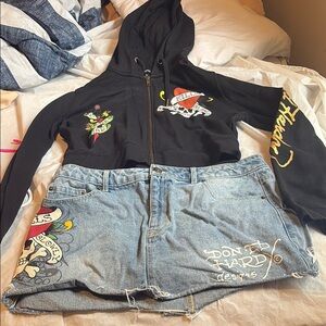 Black Graphic Hoodie and Denim Skirt Set